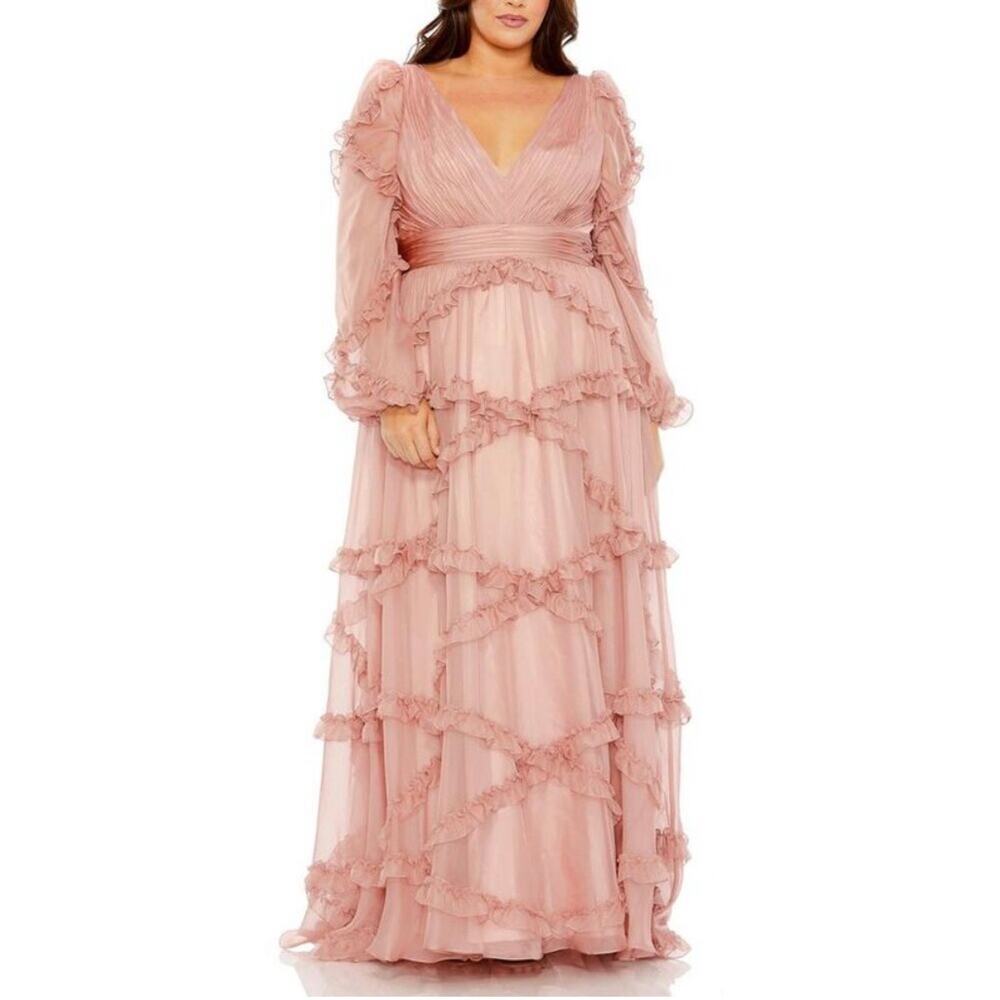 Mac Duggal Blush Pink Ruffle Chiffon Maxi Gown 24W Plus Size Formal Wedding